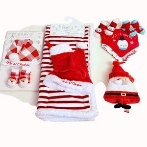 Babys First Christmas Gift Set Embroidered Hat Booties Bibs Blanket Santa Plush
